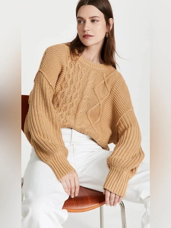 Free People Sweaters - 🆕 FREE PEOPLE Frankie Cable Cotton Pullover Sweater Camel Large